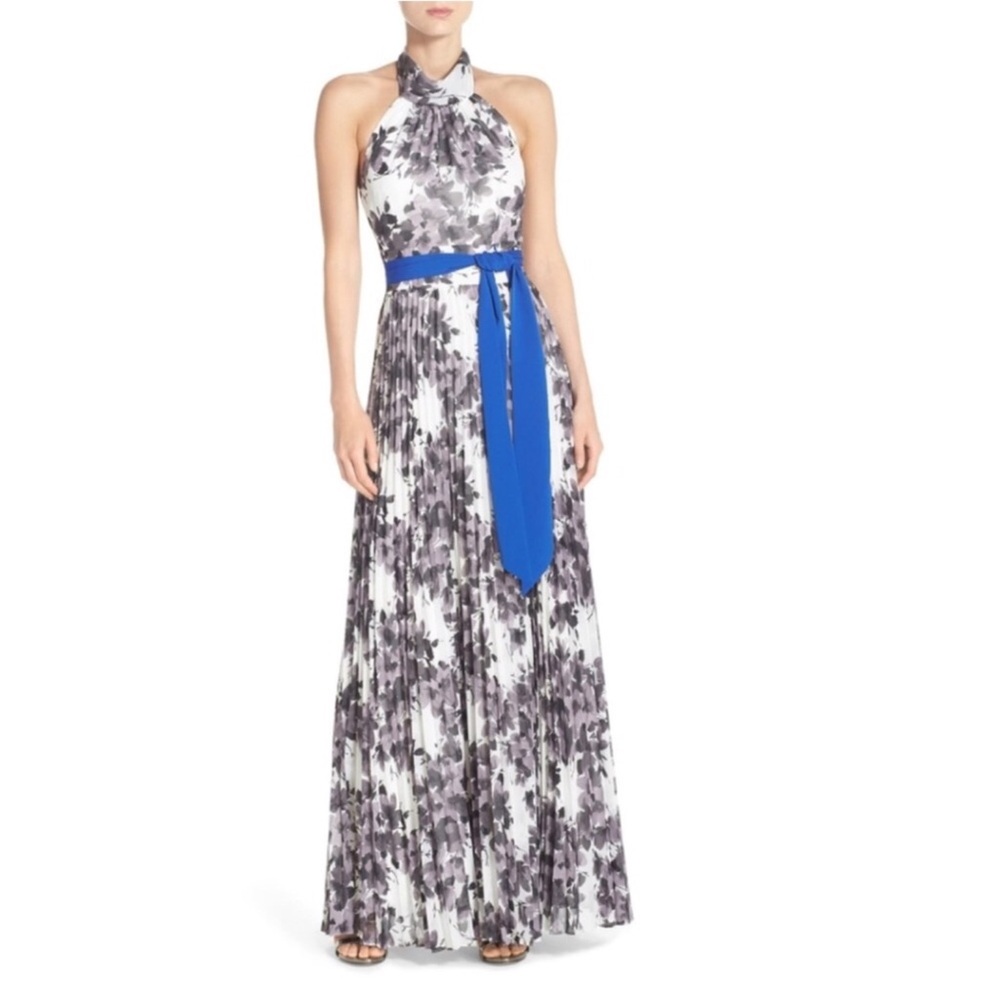 Eliza J floral halter pleated maxi dress gown